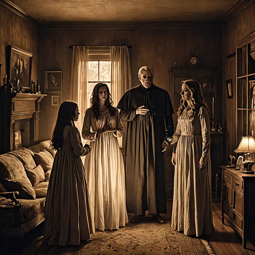 a group of people standing in a living room together in front of a window with a ghost on it, gothic art, poster art, Dirk Crabeth, promotional image