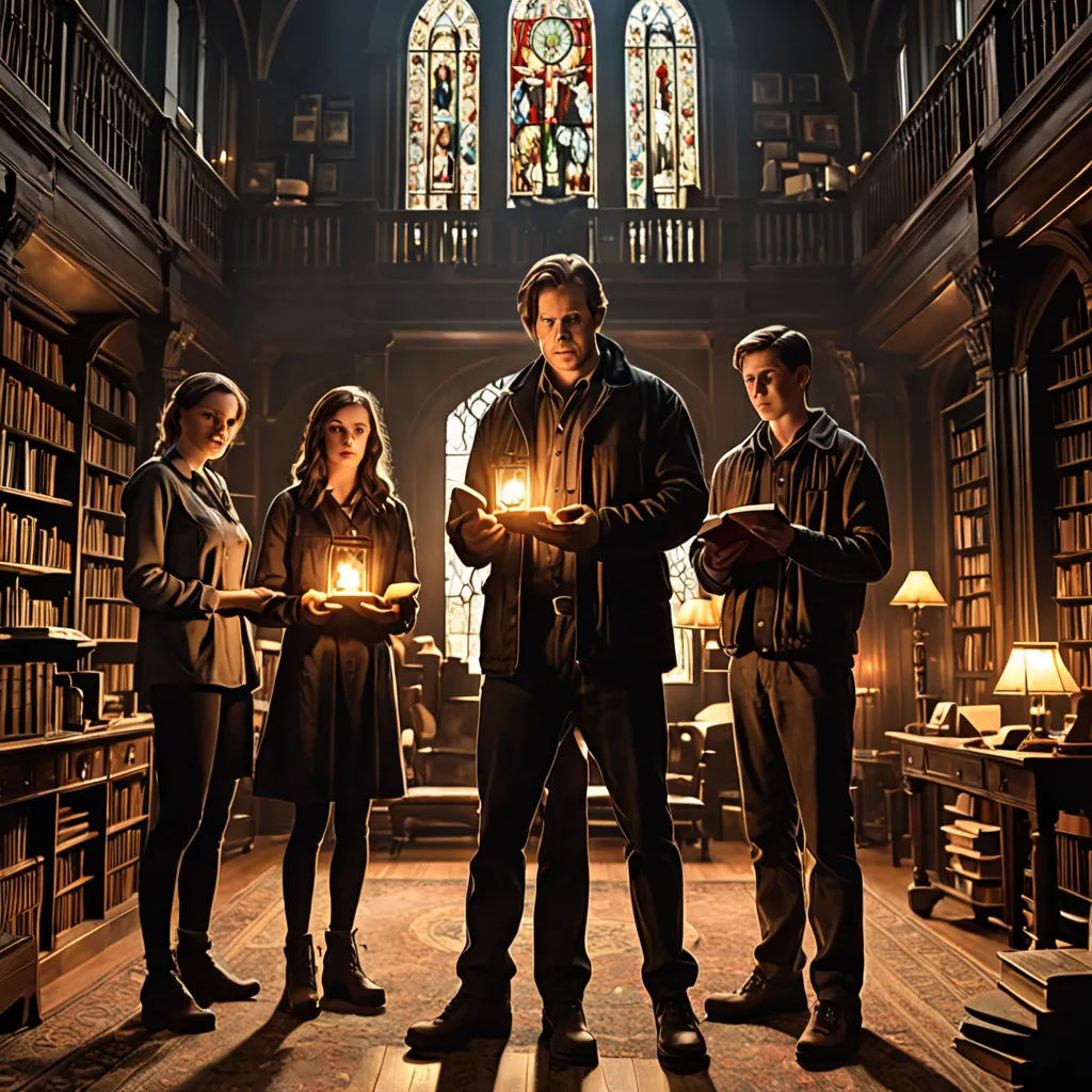 a group of people standing in a library holding candles in their hands and looking at the camera with a light on, international gothic, a poster, Andrew Robertson, promotional image