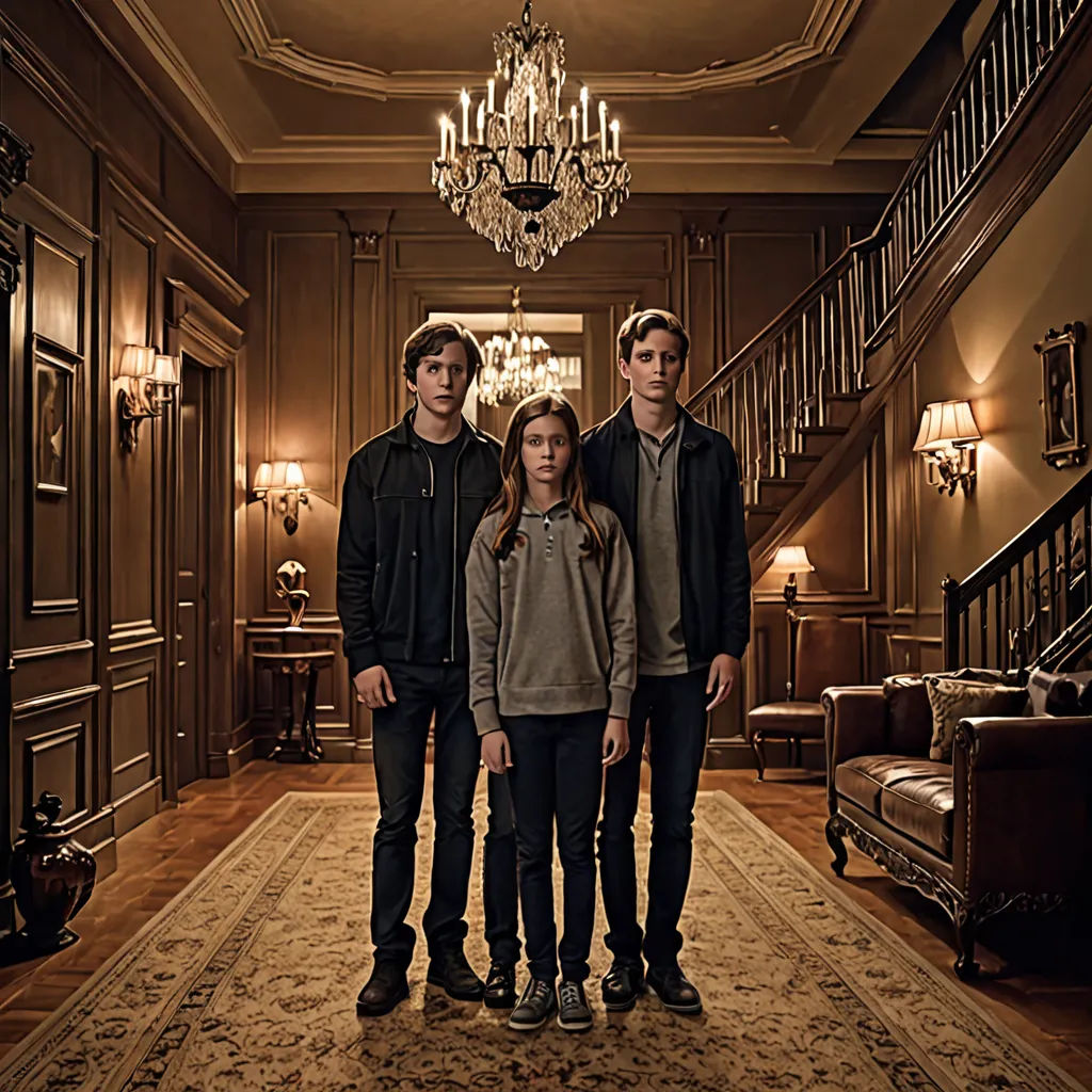 a group of people standing in a hallway next to a chandelier and a couch with a chandelier hanging from it, international gothic, poster art, Diego Gisbert Llorens, promotional image