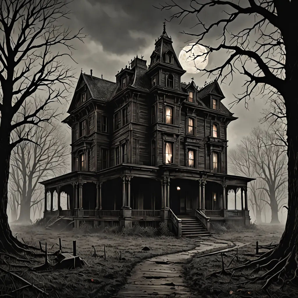 a creepy house with a creepy pathway leading to it and a full moon in the sky above it and trees, gothic art, a detailed matte painting, Dan Mumford, gothic