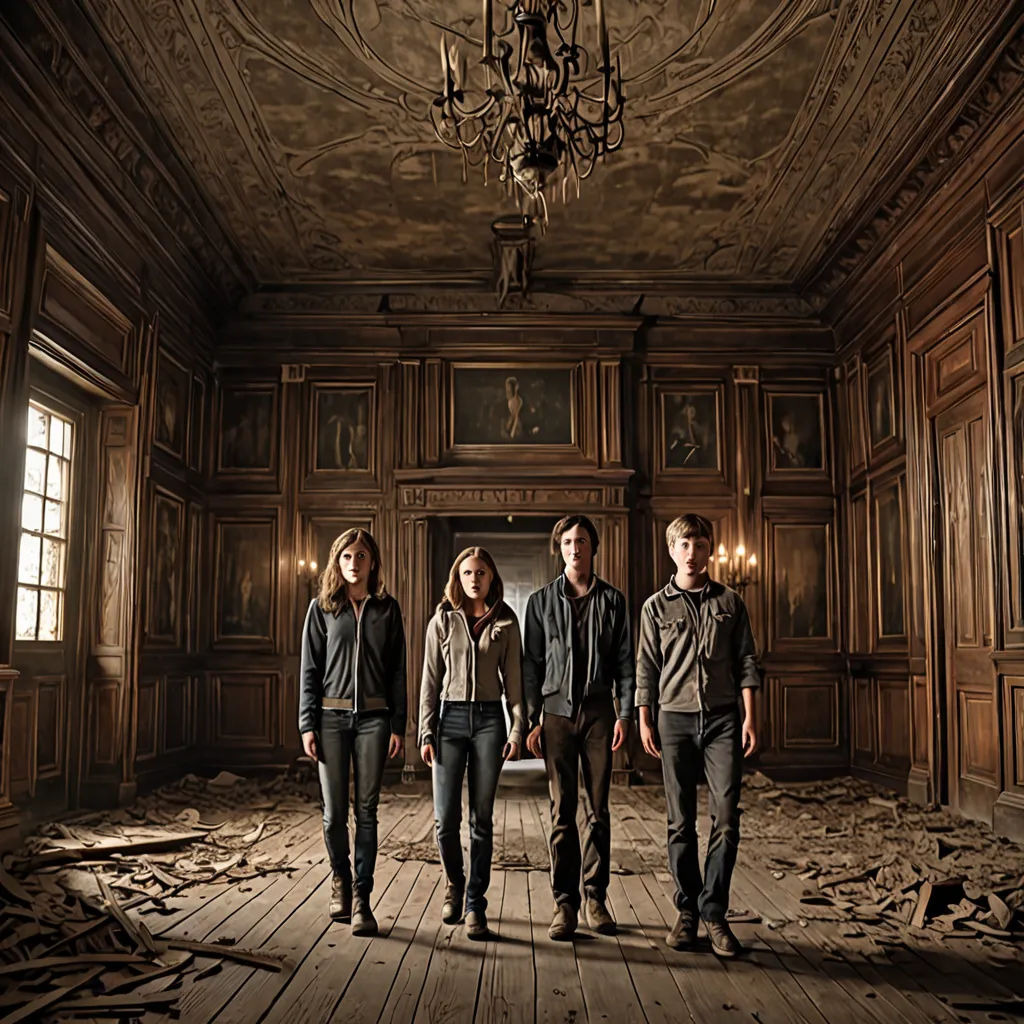 a group of people standing in a room with a chandelier hanging from the ceiling and a wooden floor, international gothic, poster art, David Teniers III, promotional image
