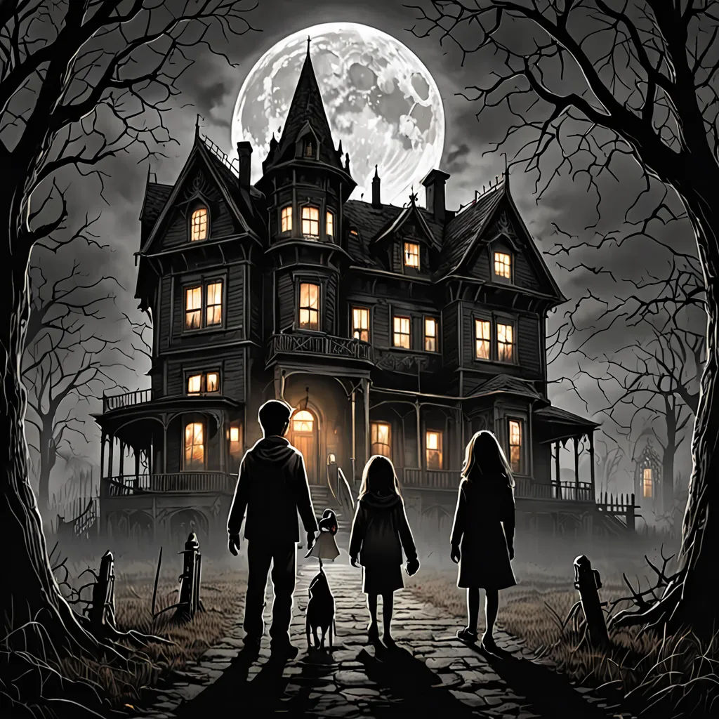 a family of three standing in front of a creepy house with a full moon in the background and a full moon in the sky, gothic art, poster art, Dan Mumford, promotional image