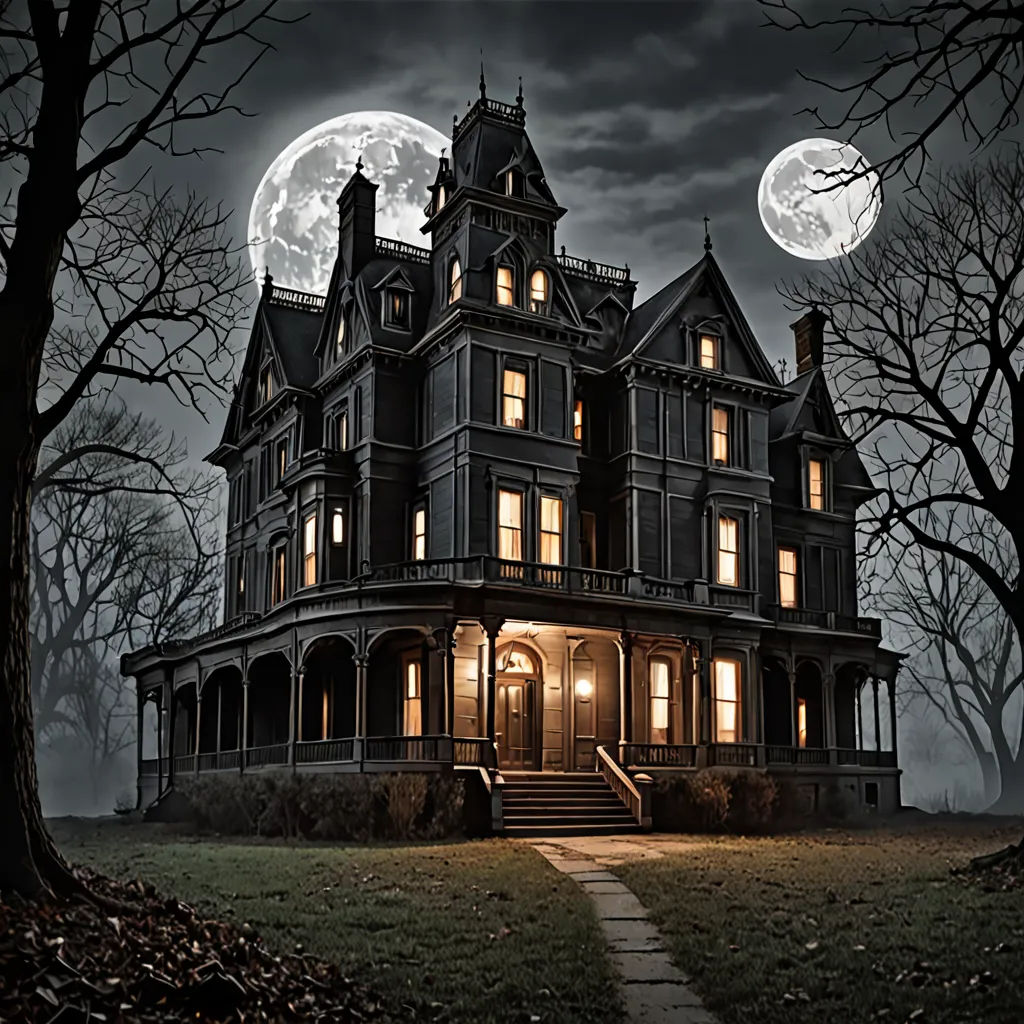 a creepy house with a full moon in the background and trees in the foreground, with a path leading to the front door, gothic art, a detailed matte painting, Clark Voorhees, promotional image