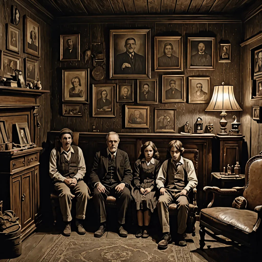 a group of people sitting in a room with pictures on the wall and a lamp on the floor next to a chair, international gothic, a detailed matte painting, Annie Leibovitz, promotional image