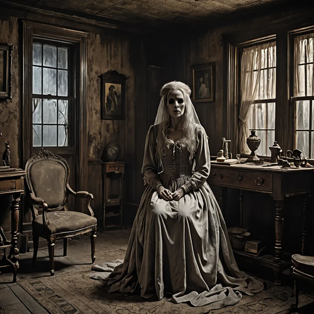 a woman in a long dress sitting in a room with a desk and chair in front of her and a window, gothic art, a detailed matte painting, Dirk Crabeth, promotional image