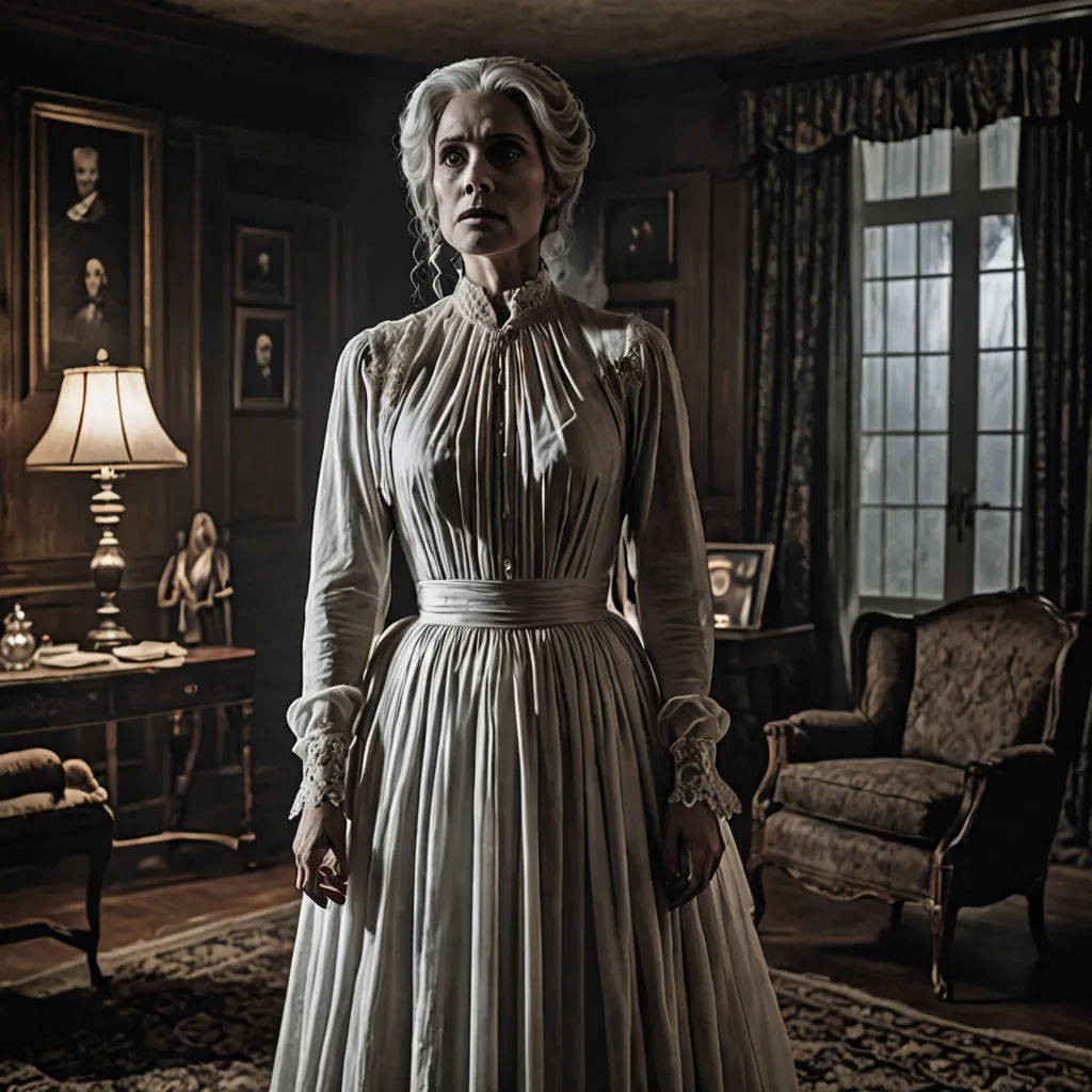 a woman in a dress standing in a room with a lamp on the table and a chair in the background, international gothic, a character portrait, Clarice Beckett, promotional image