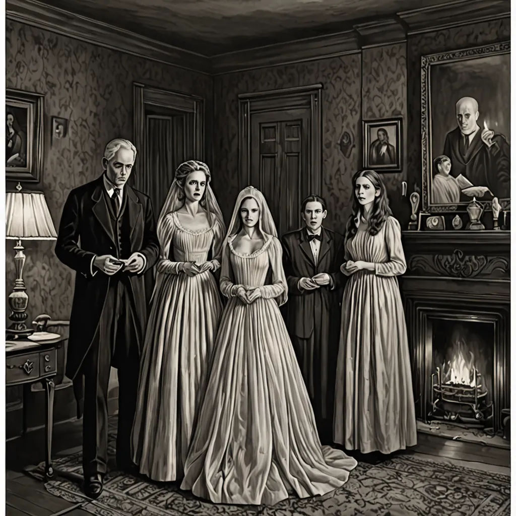 a black and white photo of a family in a formal dress standing in front of a fireplace in a formal room, gothic art, an ultrafine detailed painting, Dirk Crabeth, official art