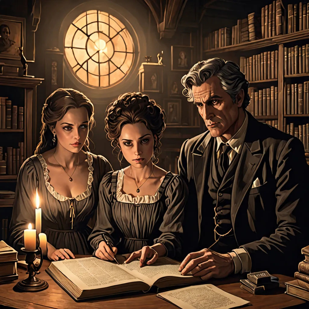 a painting of a man and two women sitting at a table with a book and a candle in front of them, fantasy art, a storybook illustration, Edgar Ainsworth, highly detailed digital painting