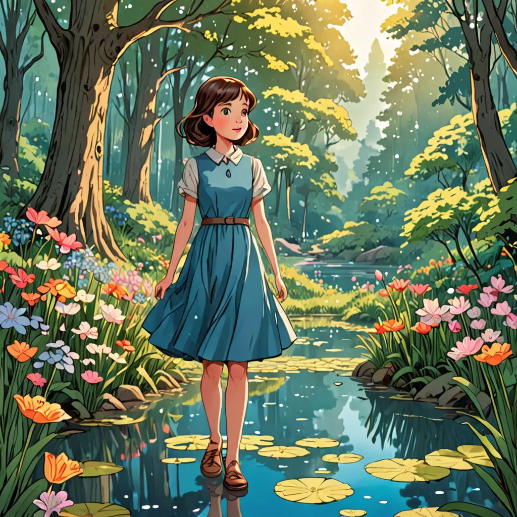 a girl in a blue dress is walking through a forest with lily pads and a pond of water with lily pads, fantasy art, a storybook illustration, Alice Prin, rossdraws global illumination