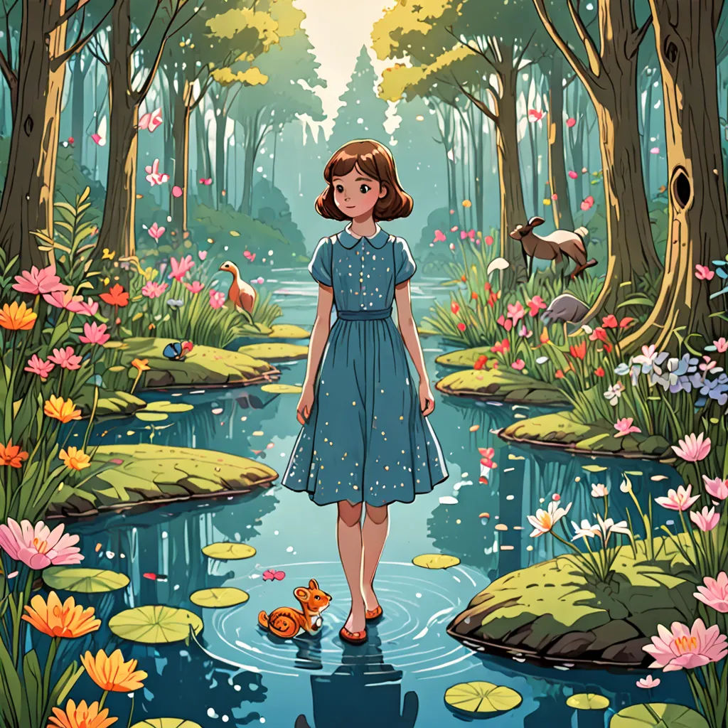 a girl in a blue dress standing in a pond with a frog in it and a forest with flowers, environmental art, a storybook illustration, Alice Prin, rossdraws global illumination