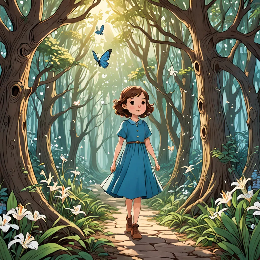 a girl in a blue dress walking through a forest with butterflies flying overhead and a path leading to a tree, magical realism, a storybook illustration, Alice Prin, official art