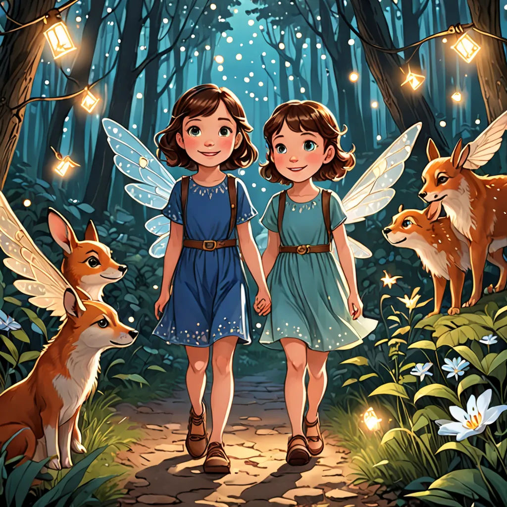 two little girls are walking through the woods with their foxes and foxes behind them, with fairy lights on their wings, fantasy art, a storybook illustration, Cliff Childs, storybook illustration
