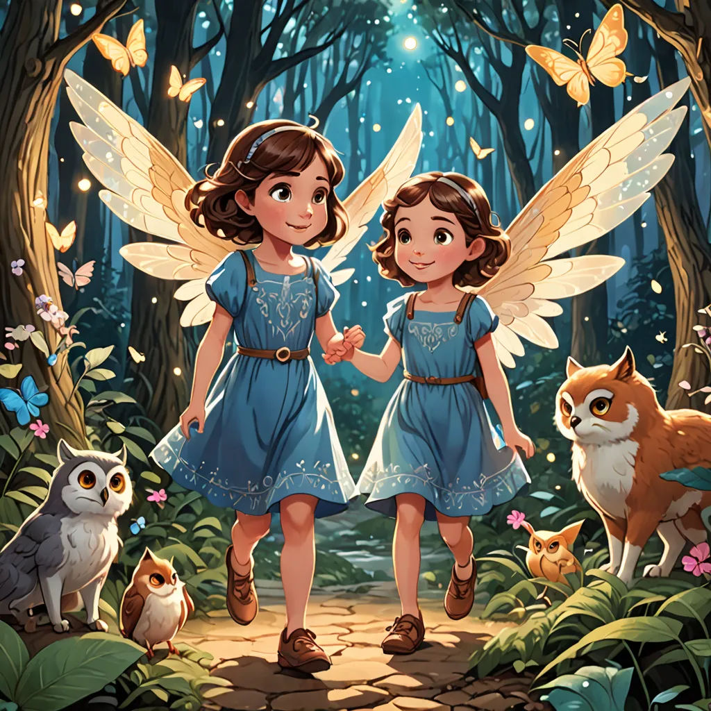 two little girls standing in the woods with their wings open and owls around them, with a forest background, fantasy art, a storybook illustration, Chris Rallis, rossdraws global illumination