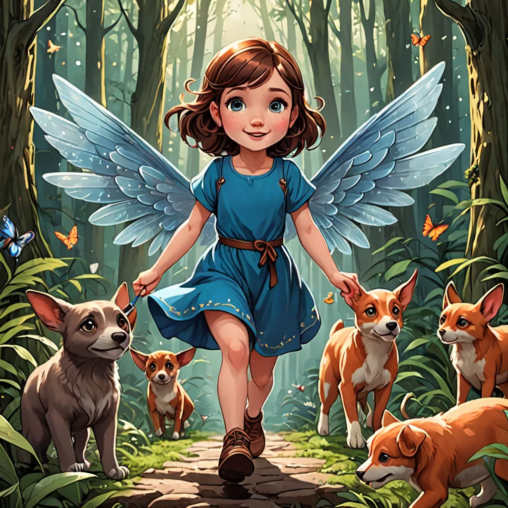 a little girl with wings walking through a forest with her dogs and puppies in front of her,, fantasy art, a storybook illustration, Chris Rallis, comic cover art
