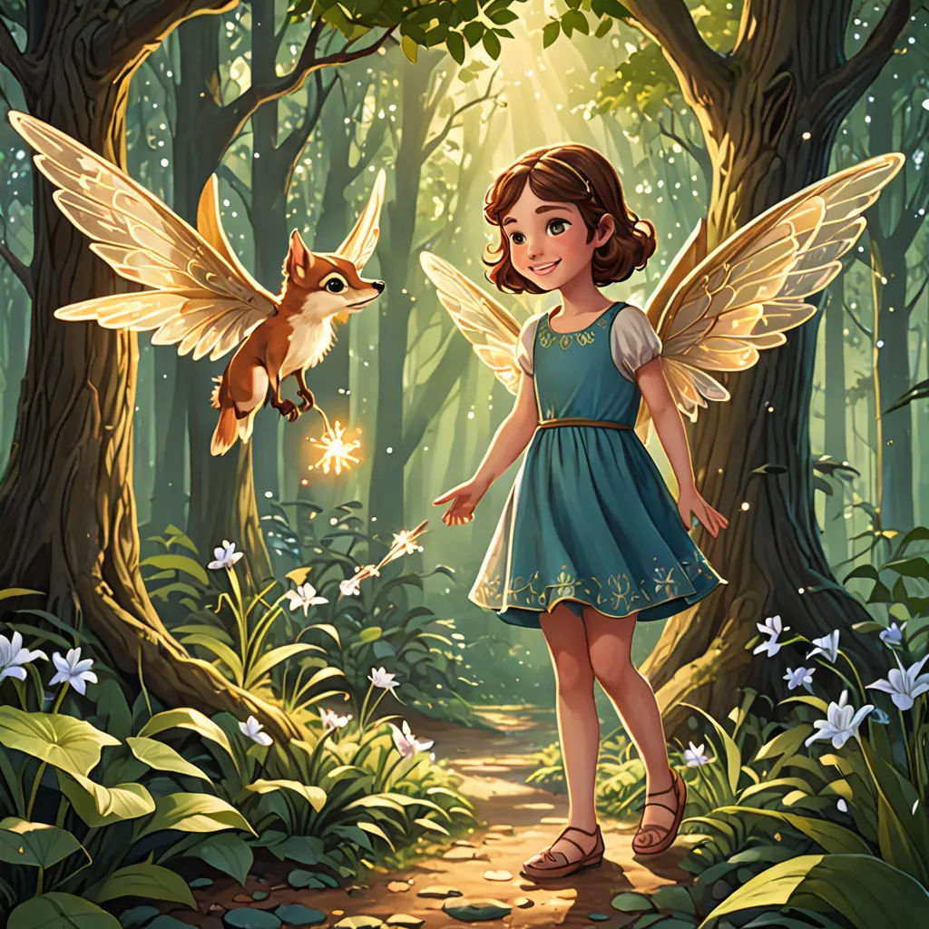 a little girl in a forest with a deer flying by her side and a forest scene with a fox and a girl, fantasy art, a storybook illustration, Chris Rallis, rossdraws global illumination
