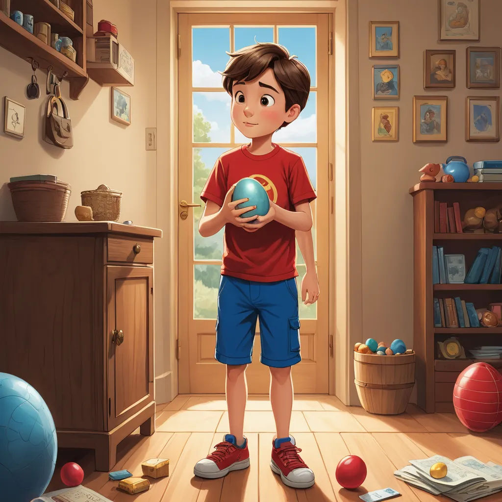 a boy holding a ball in a room with a window and a book shelf on the floor and a bookcase, sots art, a storybook illustration, Chris LaBrooy, rossdraws global illumination