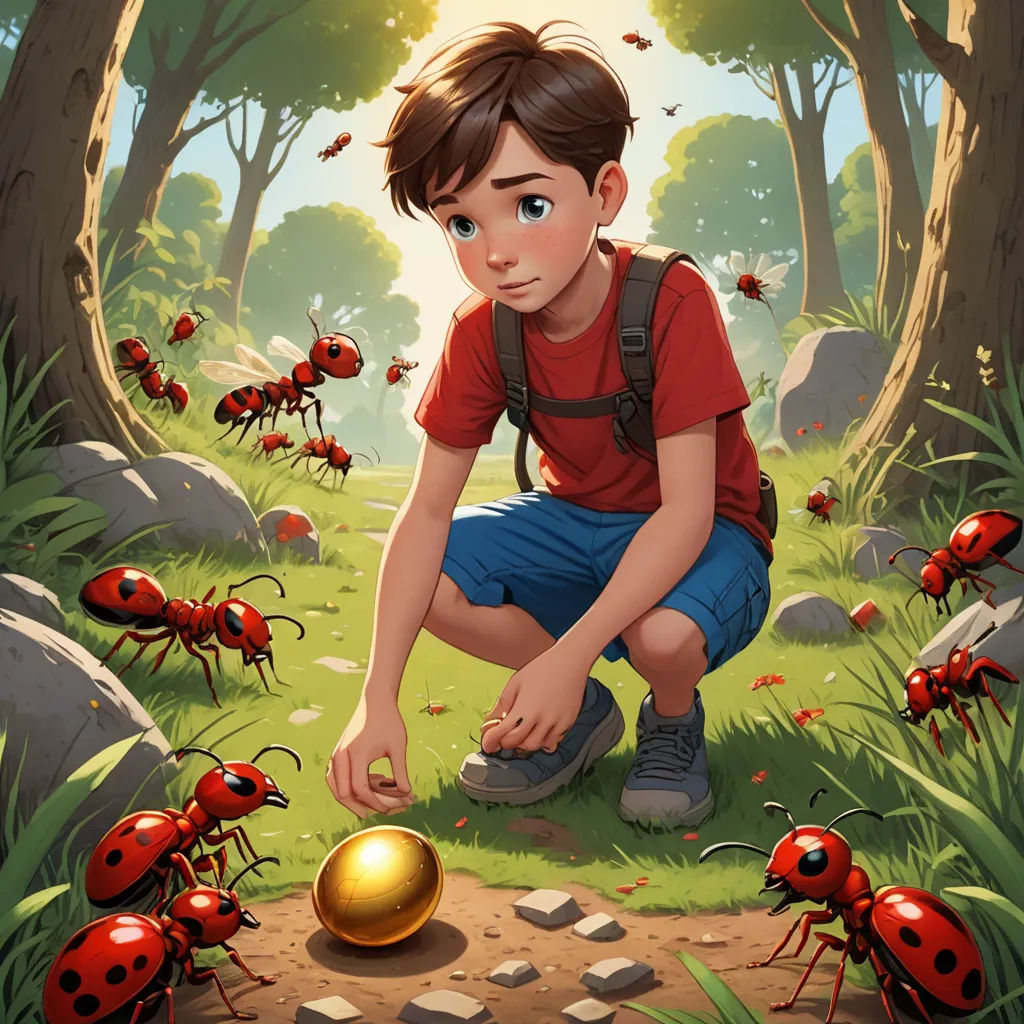 a boy kneeling down to pick up a golden ball in a forest with many red bugs around him and a golden ball in the foreground, fantasy art, a storybook illustration, Aaron Jasinski, rossdraws global illumination