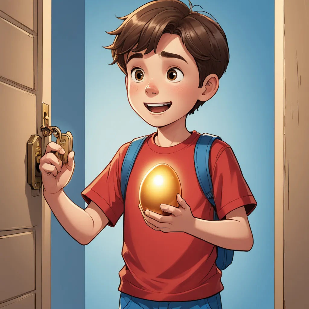 a boy holding a golden ball in his hand and a key to his door is in the background of the door, symbolism, a storybook illustration, Diego Gisbert Llorens, comic cover art