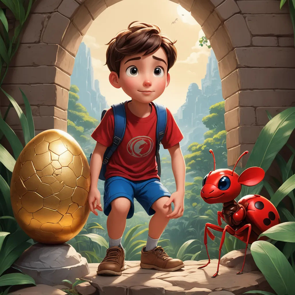 a boy and a bug in a tunnel with a golden egg in front of him and another bug in the background, cloisonnism, poster art, Chris LaBrooy, key art