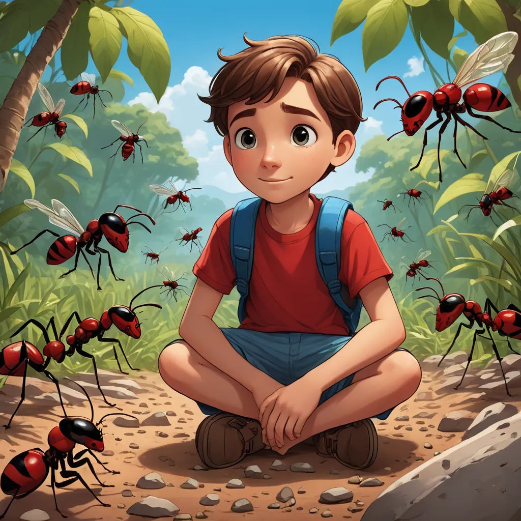 a boy sitting in the middle of a group of ants in a forest with a sky background and a few red ants, serial art, a storybook illustration, Aaron Jasinski, comic cover art
