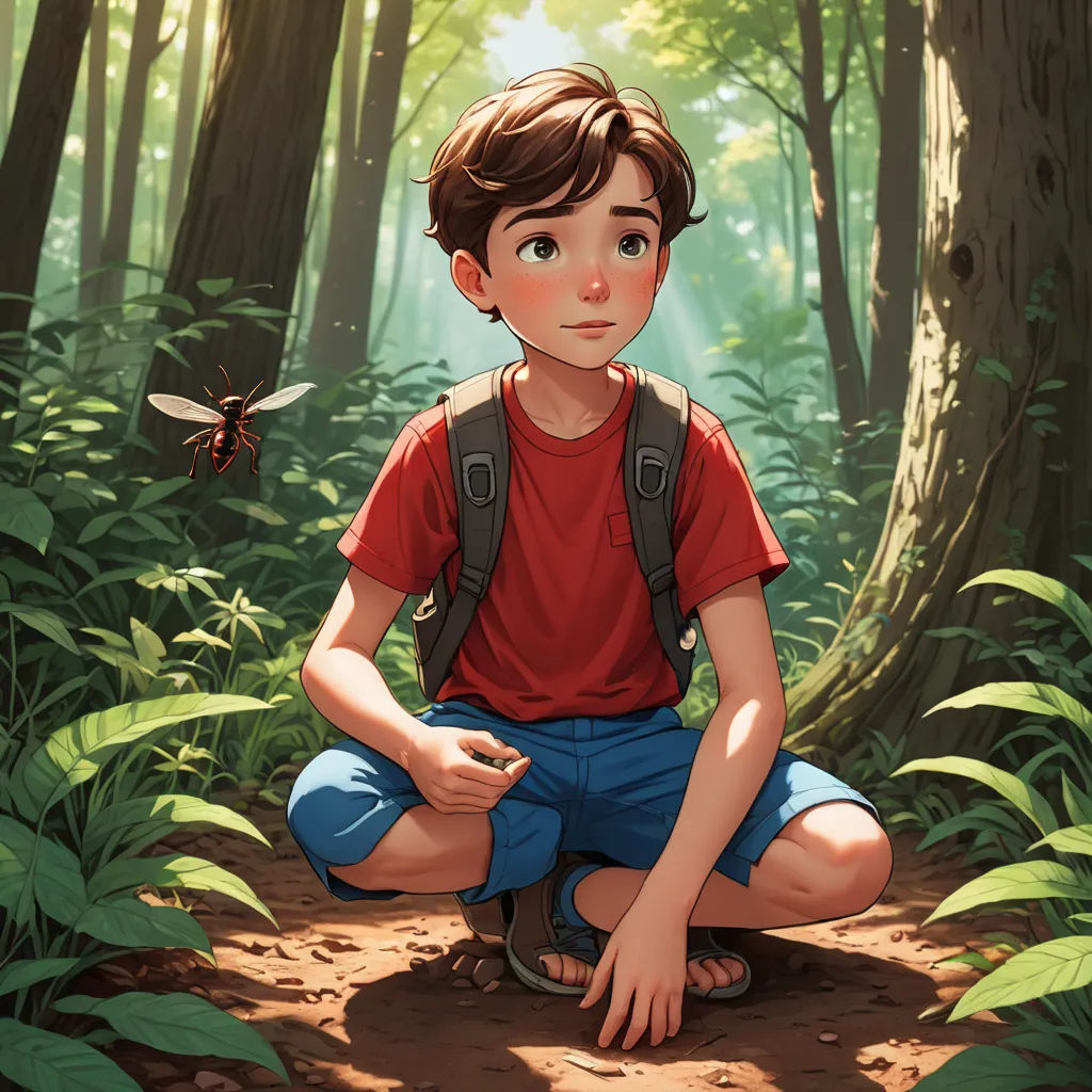 a boy sitting in the middle of a forest with a butterfly flying overhead in the background of the picture, photorealism, a storybook illustration, Aaron Jasinski, rossdraws global illumination