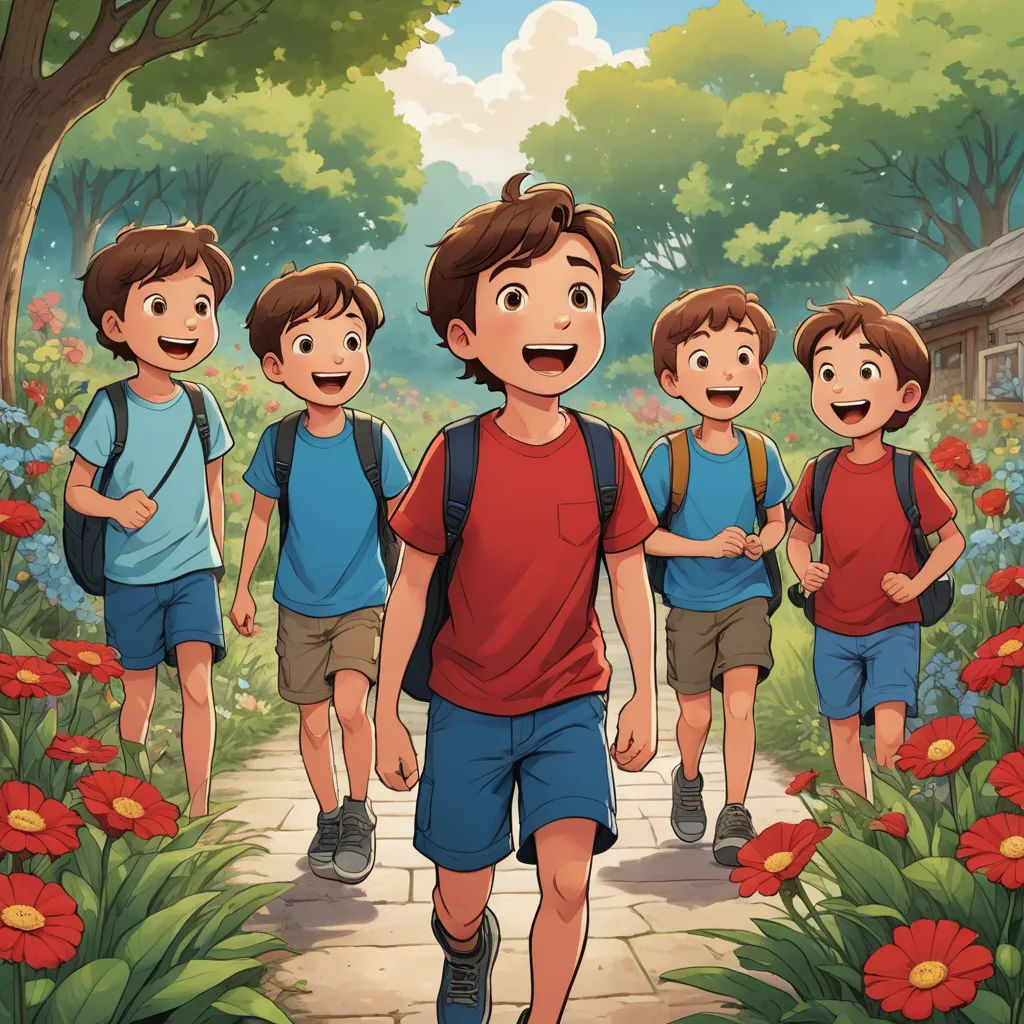 a group of children walking down a path in a park with flowers and trees around them, with a boy in the middle of the picture, rayonism, a storybook illustration, Brothers Hildebrandt, official art