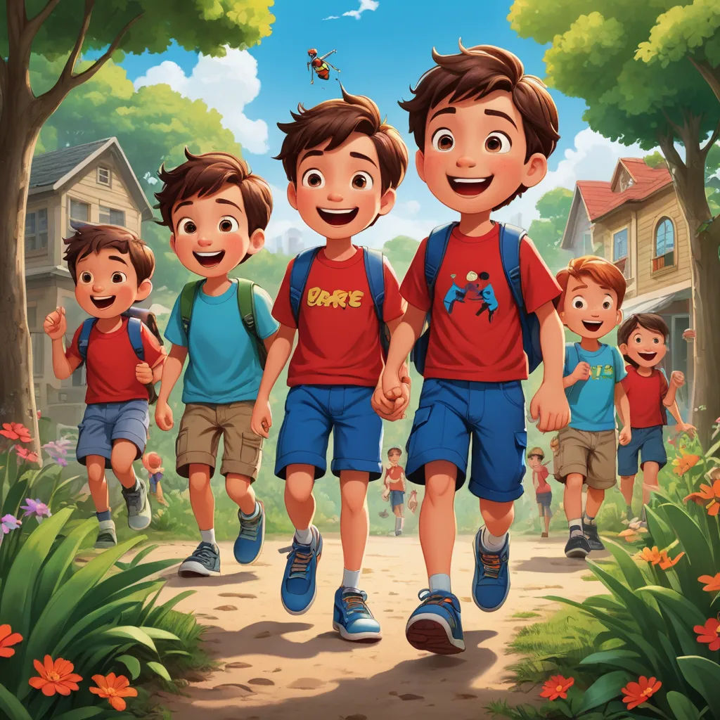 a group of children walking down a dirt road in front of a house and trees with a bee on their shirt, lyco art, a storybook illustration, Brothers Hildebrandt, official art