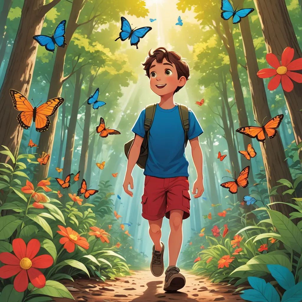 a boy is walking through a forest with butterflies flying around him and a trail of flowers and trees in the background, magical realism, a storybook illustration, Adam Rex, promotional image