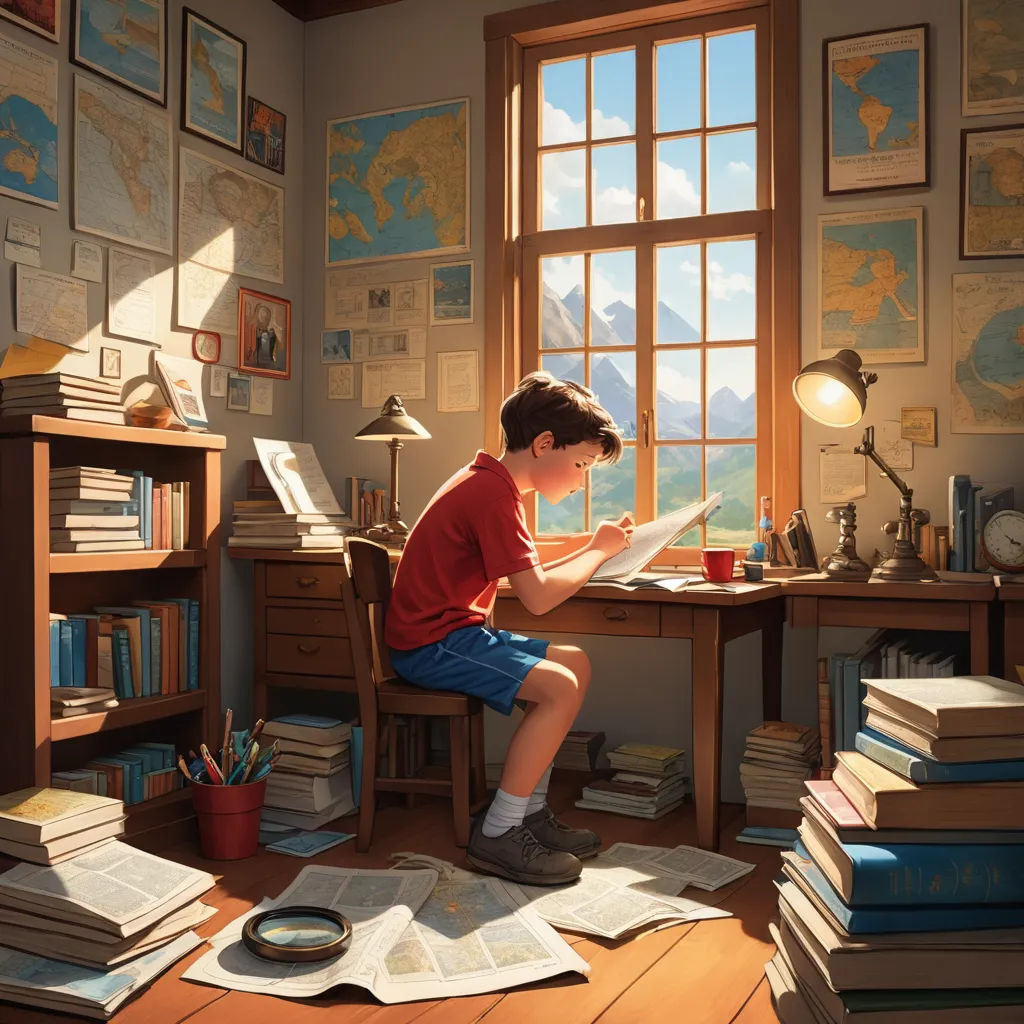 a boy sitting at a desk with a book and a cup of coffee in front of him and a lot of books on the floor, photorealism, a storybook illustration, Evgeny Lushpin, rossdraws global illumination