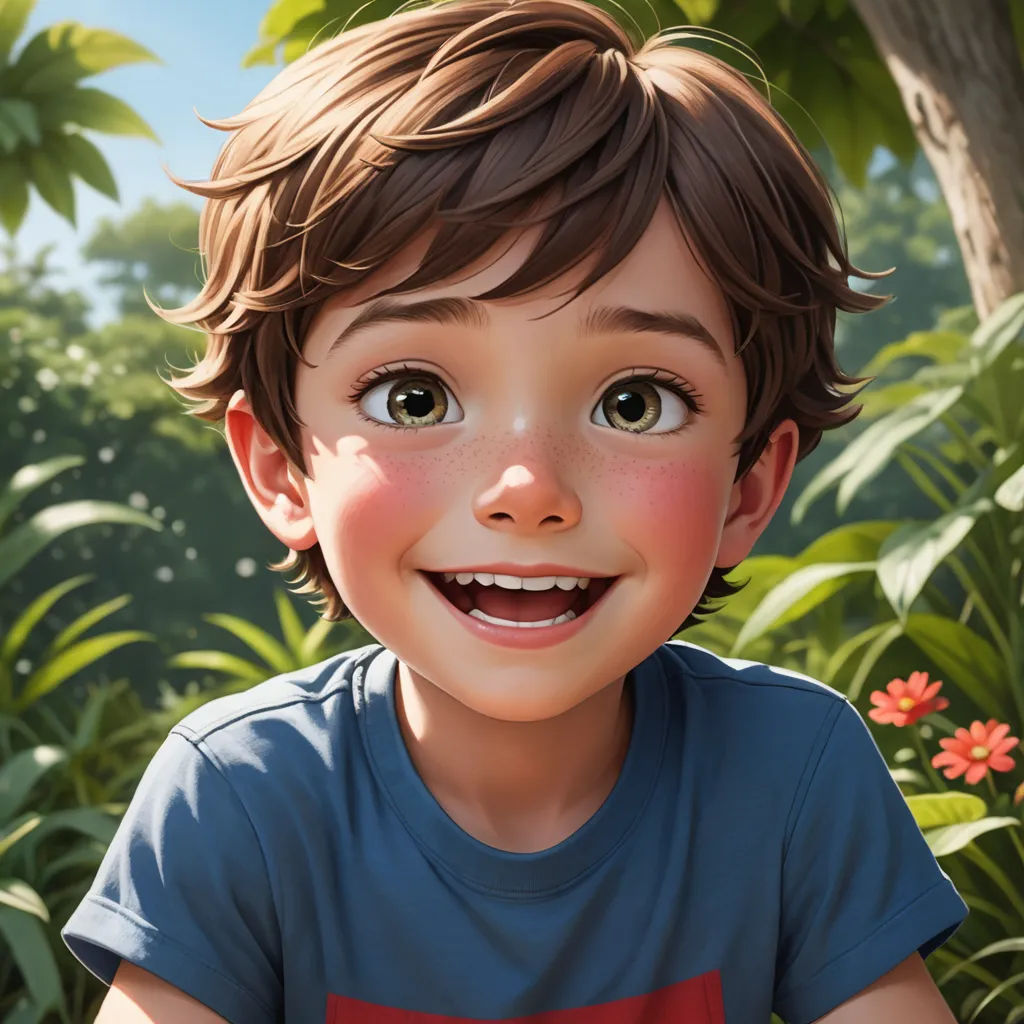 a boy with a blue shirt and a red shirt is smiling at the camera with a bush in the background, photorealism, a photorealistic painting, Eddie Mendoza, rossdraws global illumination