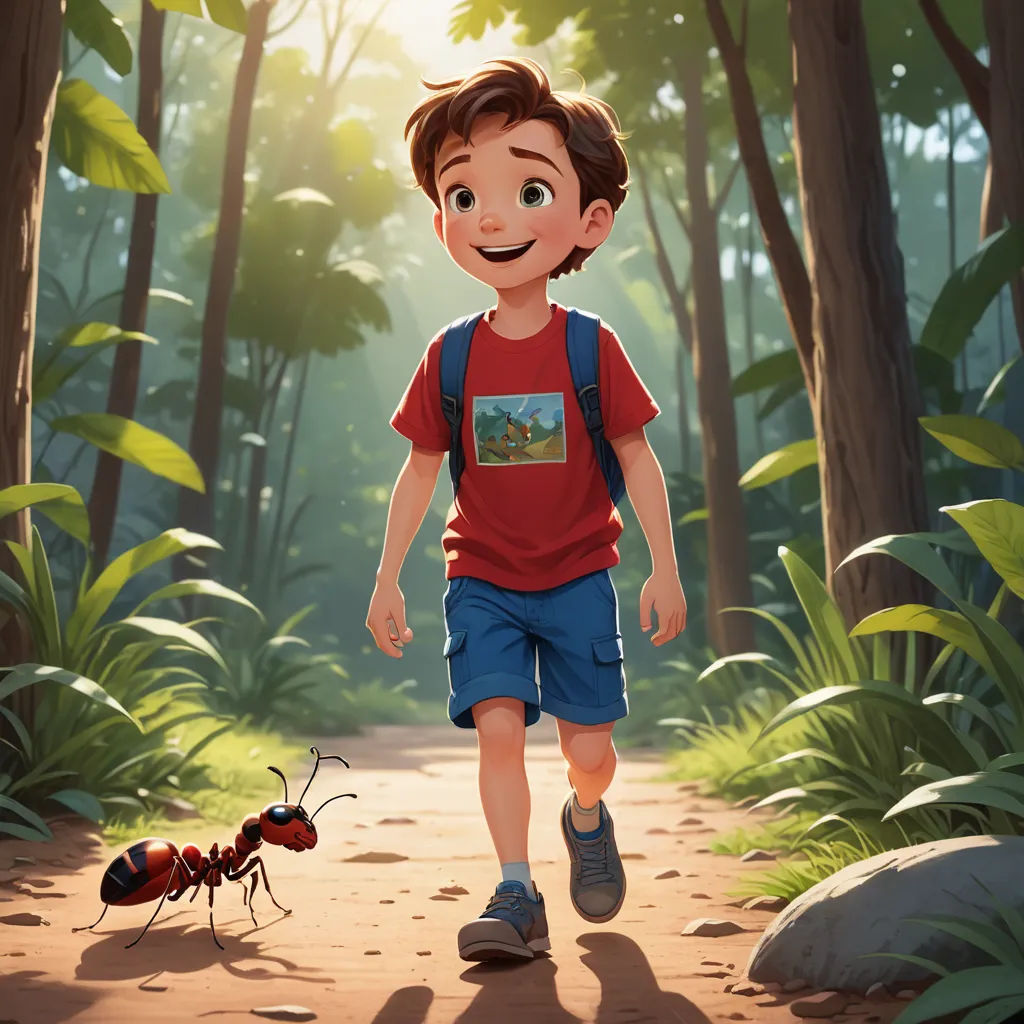 a boy walking in the woods with a bug on the ground next to him and another bug on the ground, photorealism, a storybook illustration, Chris LaBrooy, rossdraws global illumination