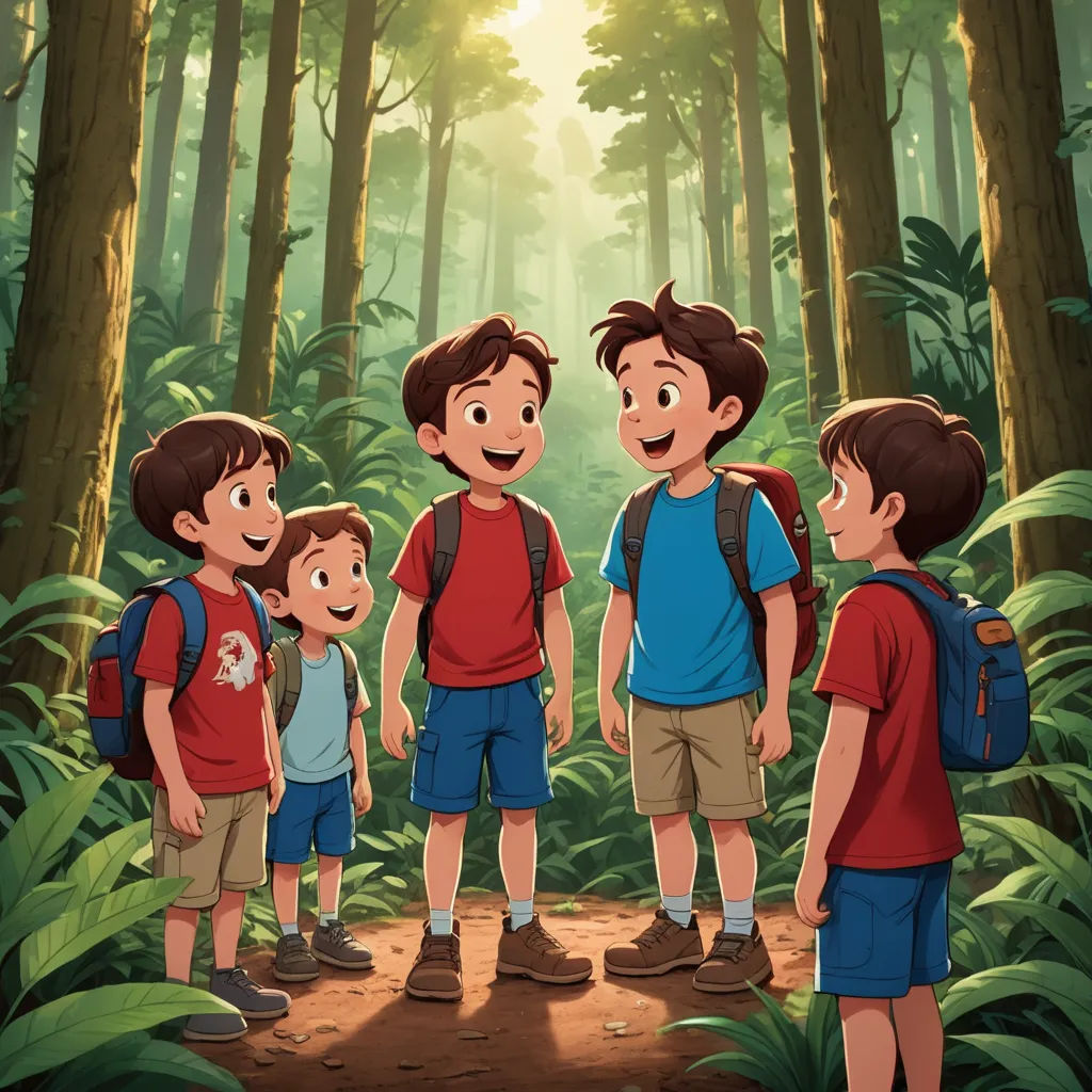 a group of children standing in the middle of a forest with a backpack on their shoulders and a backpack on their shoulder, sots art, a storybook illustration, Adam Manyoki, official art