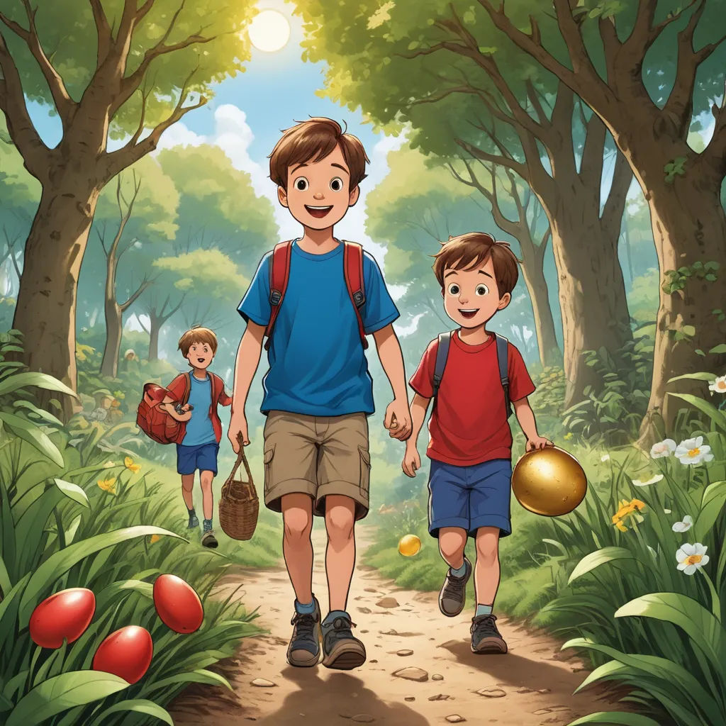 a father and son walking through a forest holding hands and carrying a golden ball in each hand and a backpack on each side, les automatistes, a storybook illustration, Brothers Hildebrandt, official art