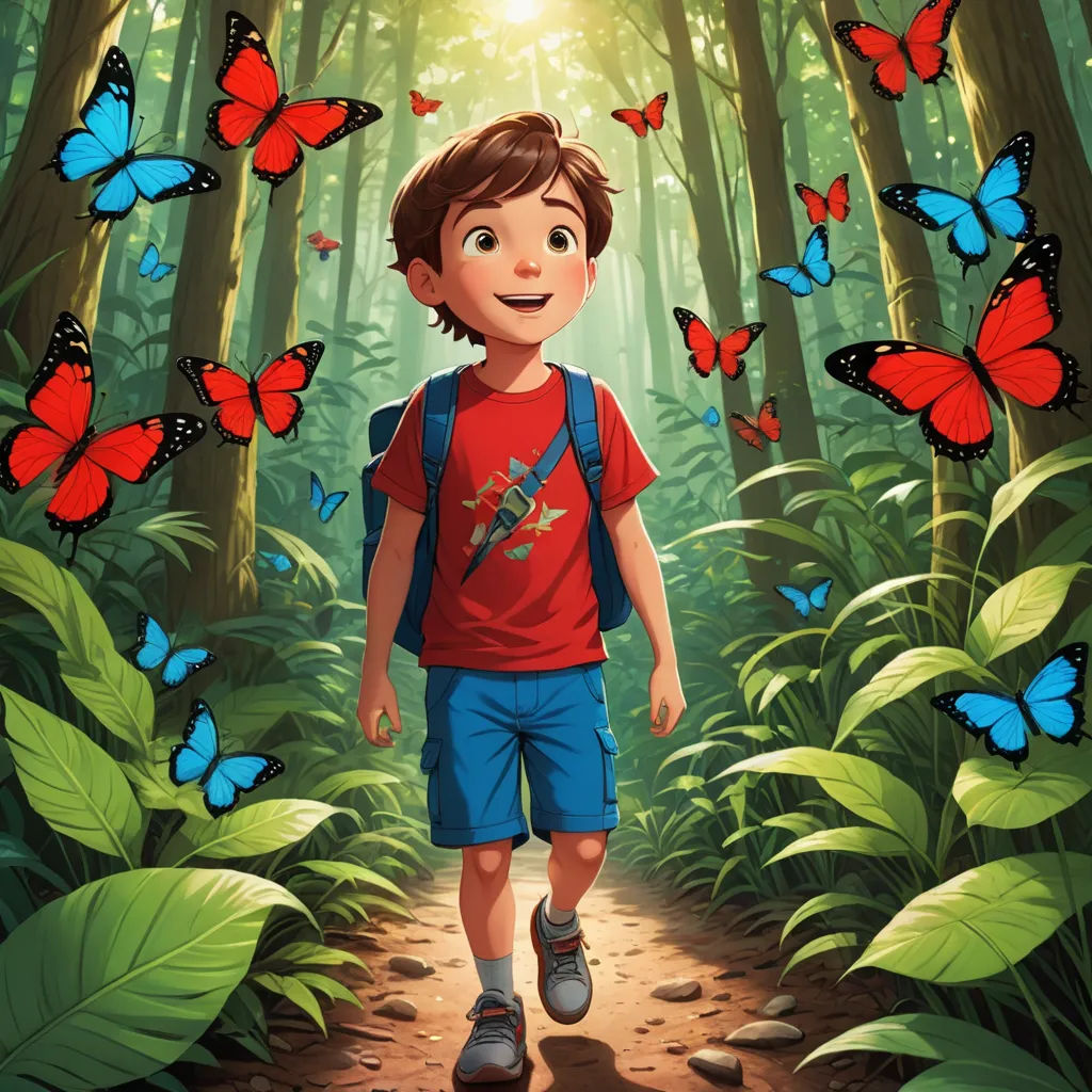a boy walking through a forest with butterflies around him and a red shirt on his chest and a red shirt on his chest, magical realism, a storybook illustration, Adam Rex, promotional image