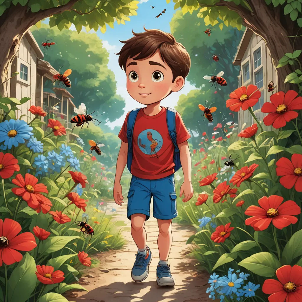 a boy walking through a garden with red flowers and a house in the background with a butterfly on his shirt, environmental art, a storybook illustration, Aaron Jasinski, comic cover art