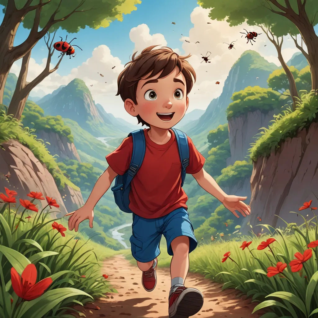 a boy running in the woods with a bug in his hand and a lady bug in the background with a ladybug on the tree, lyco art, a storybook illustration, Diego Gisbert Llorens, storybook illustration