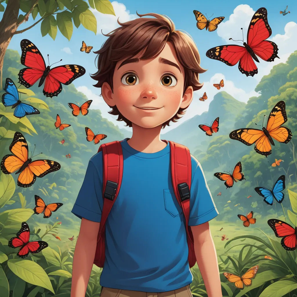 a boy with a backpack standing in front of a bunch of butterflies in the forest with a blue shirt, magical realism, a storybook illustration, Aaron Jasinski, graphic novel