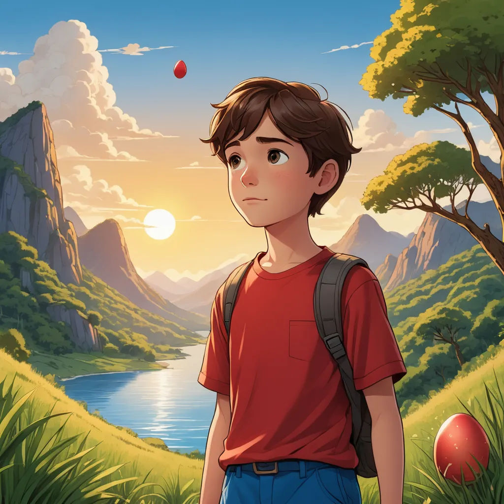 a boy standing in front of a mountain lake with a red apple in his hand and a red apple in his other hand, magic realism, a storybook illustration, Diego Gisbert Llorens, rossdraws global illumination