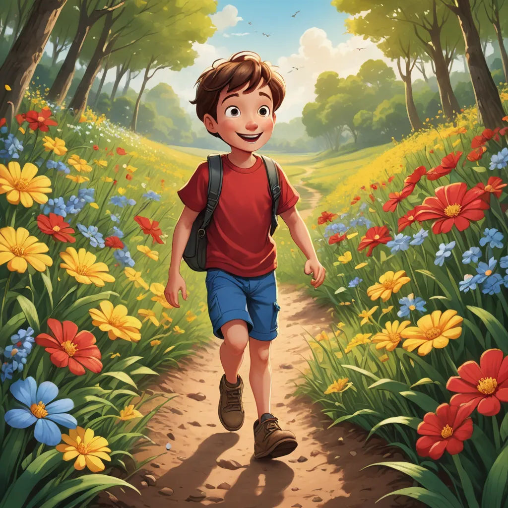 a boy is running through a flowery field with a backpack on his back and a backpack on his shoulder, american scene painting, a storybook illustration, Aaron Jasinski, storybook illustration