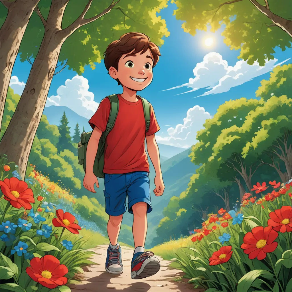 a boy walking down a path in the woods with a backpack on his back and a backpack on his shoulder, lyco art, a storybook illustration, Diego Gisbert Llorens, promotional image