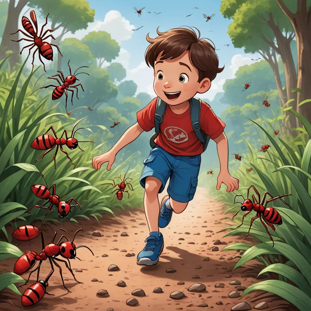 a boy running through a forest with bugs around him and a group of bugs crawling around him on the ground, lyco art, a storybook illustration, Diego Gisbert Llorens, storybook illustration