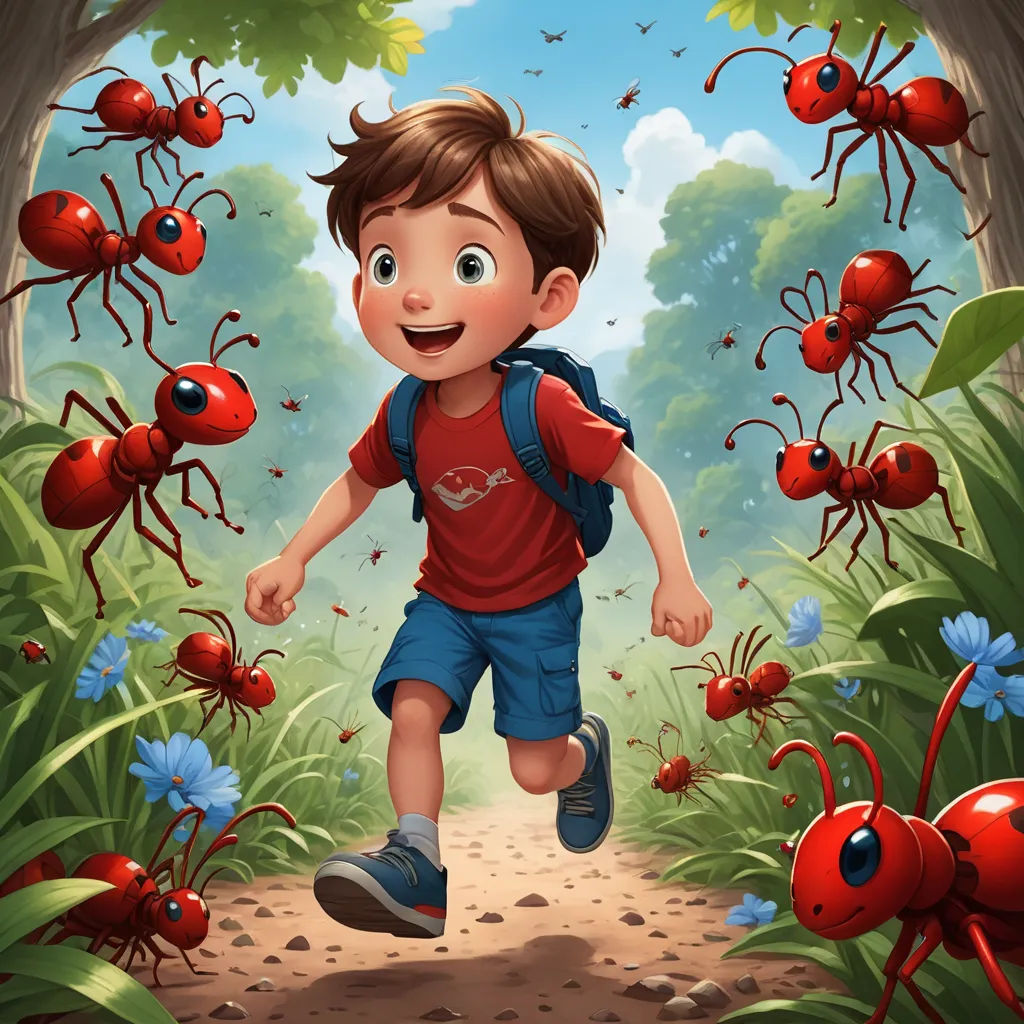 a boy running through a forest with red bugs on the ground and a blue flower in the background with a red antelope, sots art, a storybook illustration, Aaron Jasinski, key art