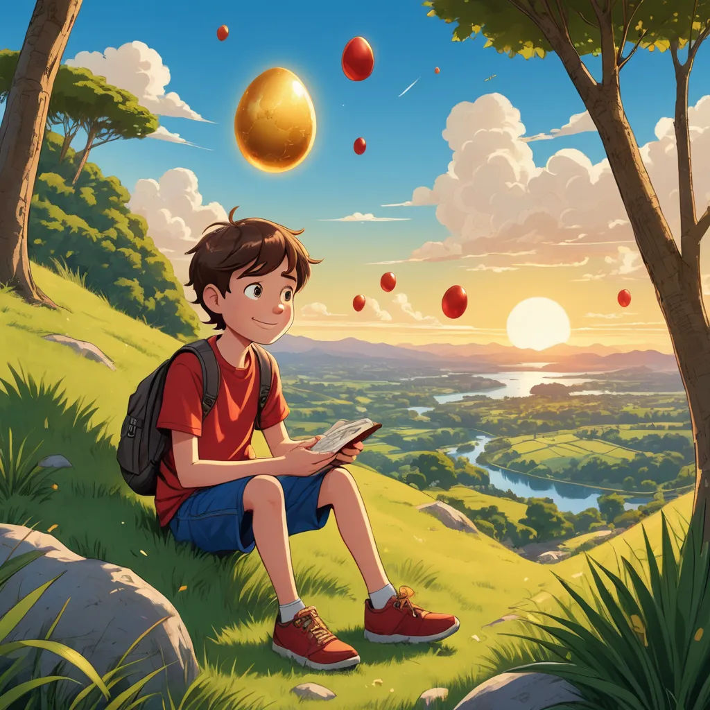 a boy sitting on a hill looking at a book with a golden ball in the sky above him and a river below, magic realism, a storybook illustration, Diego Gisbert Llorens, rossdraws global illumination
