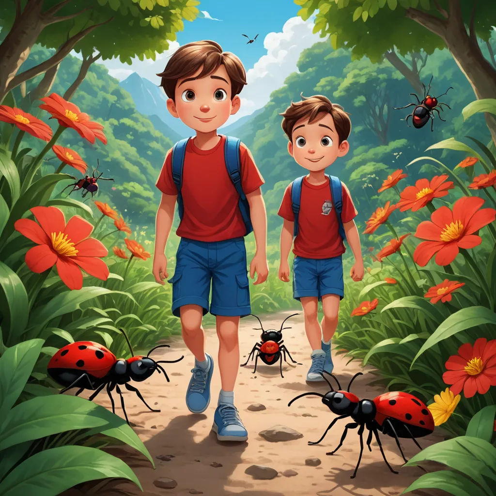 a boy and a boy are walking through the forest with bugs on the ground and flowers on the ground, lyco art, a storybook illustration, Diego Gisbert Llorens, storybook illustration