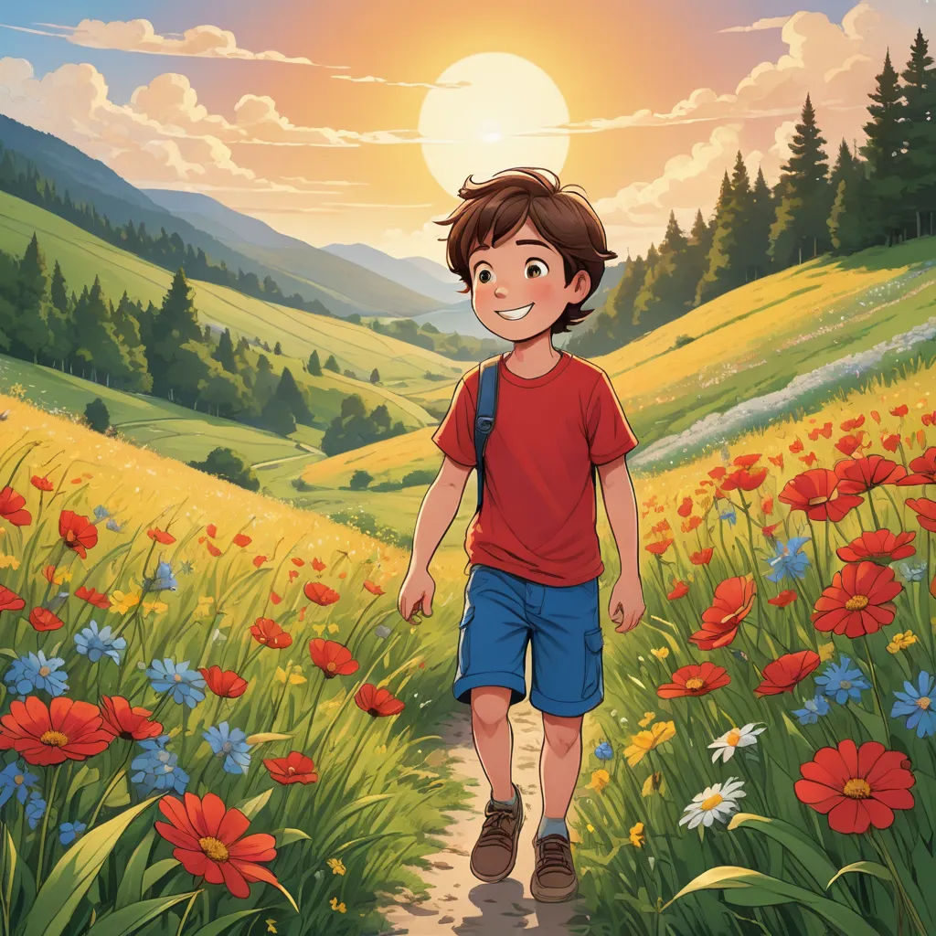 a boy walking through a field of flowers with the sun in the background and a mountain range in the distance, lyco art, a storybook illustration, Diego Gisbert Llorens, comic cover art