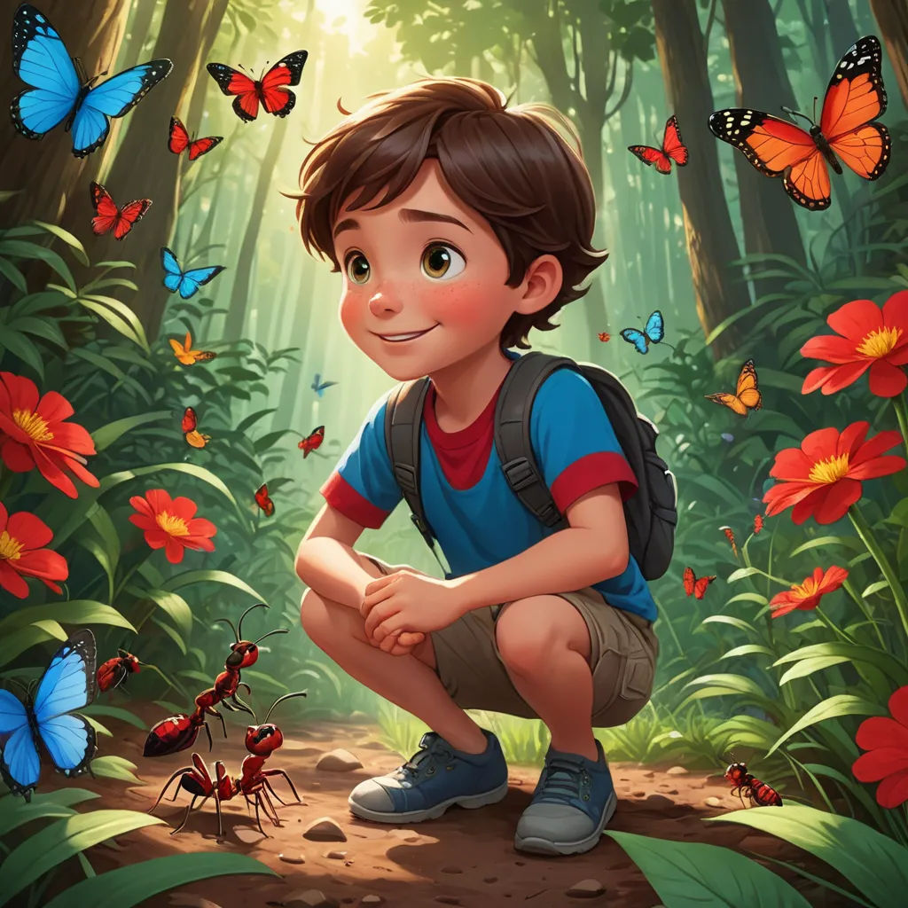 a boy kneeling down in the middle of a forest with bugs and butterflies around him and a butterfly on the ground, magical realism, a storybook illustration, Aaron Jasinski, rossdraws global illumination
