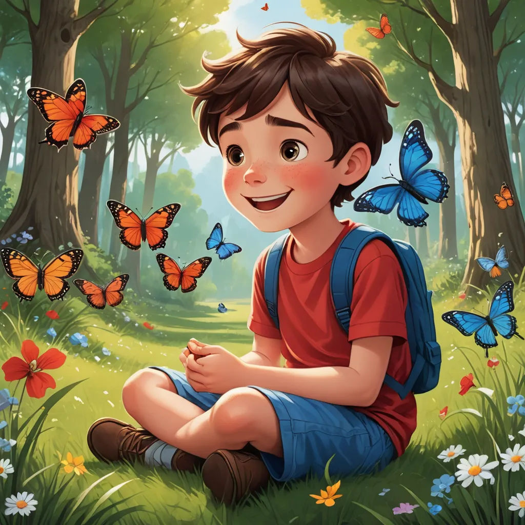 a boy sitting in the grass with butterflies around him and smiling at the camera, with a forest of butterflies in the background, magical realism, a storybook illustration, Aaron Jasinski, storybook illustration