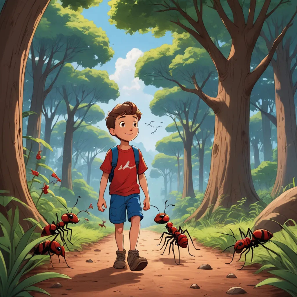 a boy walking through a forest with many bugs on the ground and trees in the background, with a boy in the foreground, magic realism, a storybook illustration, Diego Gisbert Llorens, storybook illustration