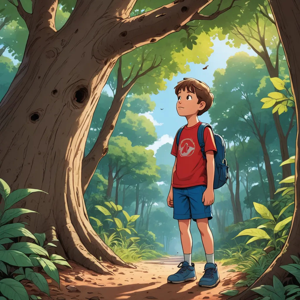 a boy standing in the middle of a forest with a backpack on his back and a backpack on his shoulder, environmental art, a storybook illustration, Diego Gisbert Llorens, ghibli