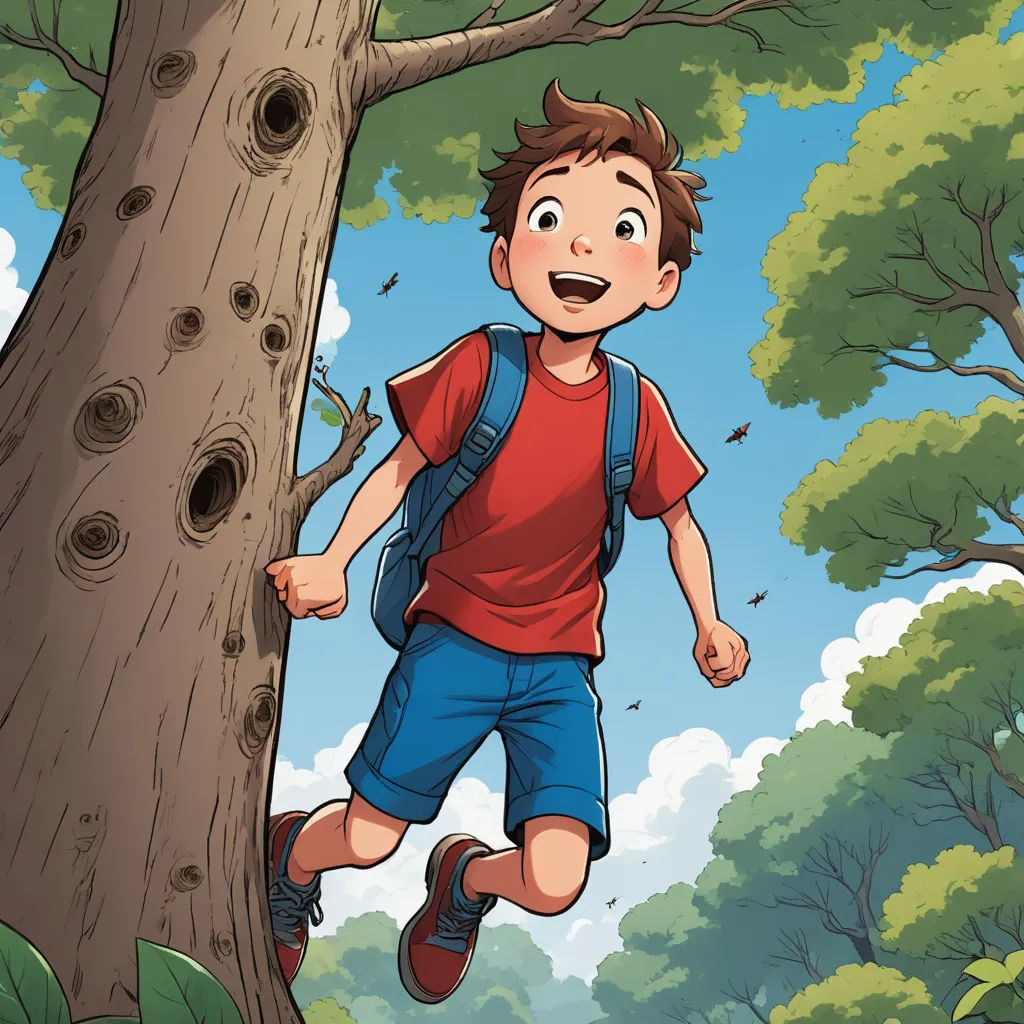 a boy climbing a tree in the forest with a backpack on his back and a backpack on his shoulder, private press, a storybook illustration, Diego Gisbert Llorens, comic cover art